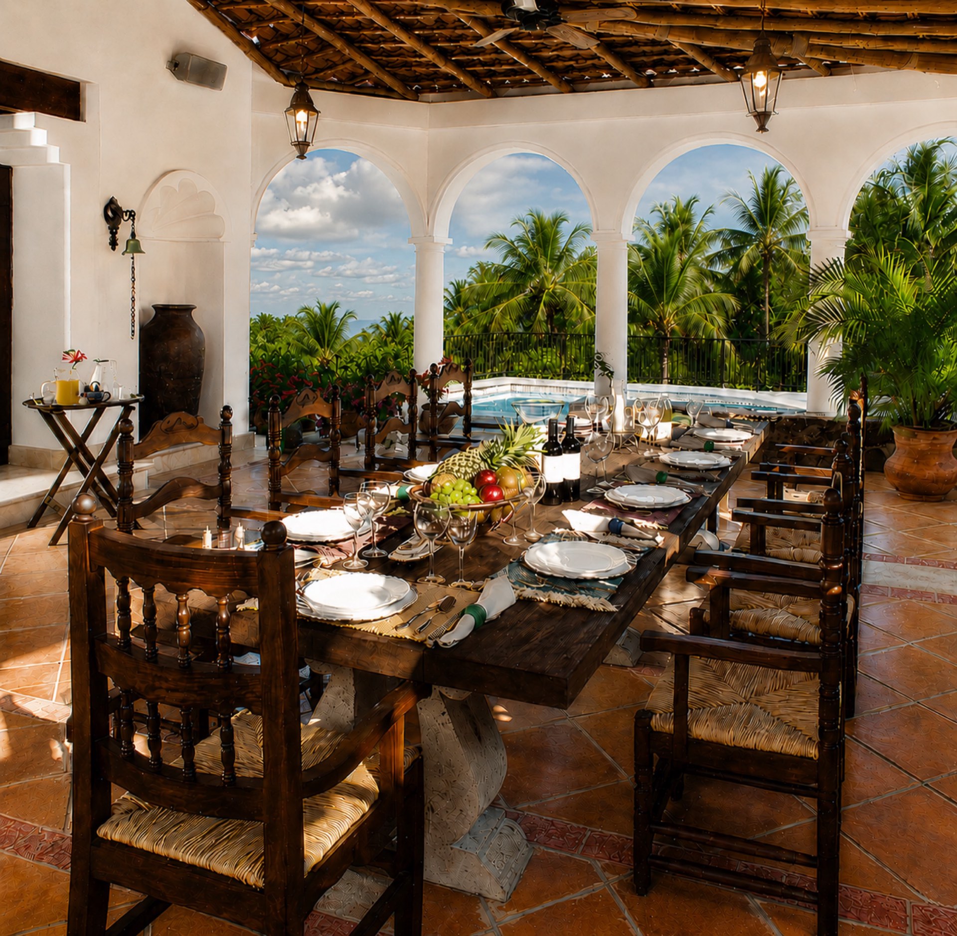 The open-air dining pavilion under the palapa, set for a meal with ocean views through the arches